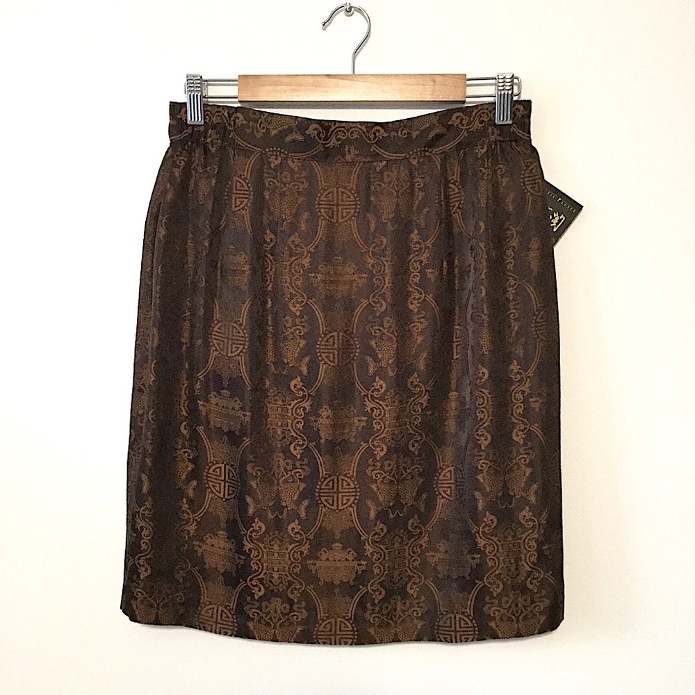 ARTISTIC PALACE sz X Large Jrs Skirt Silk Blend China Asian Swirl Pattern Brown
